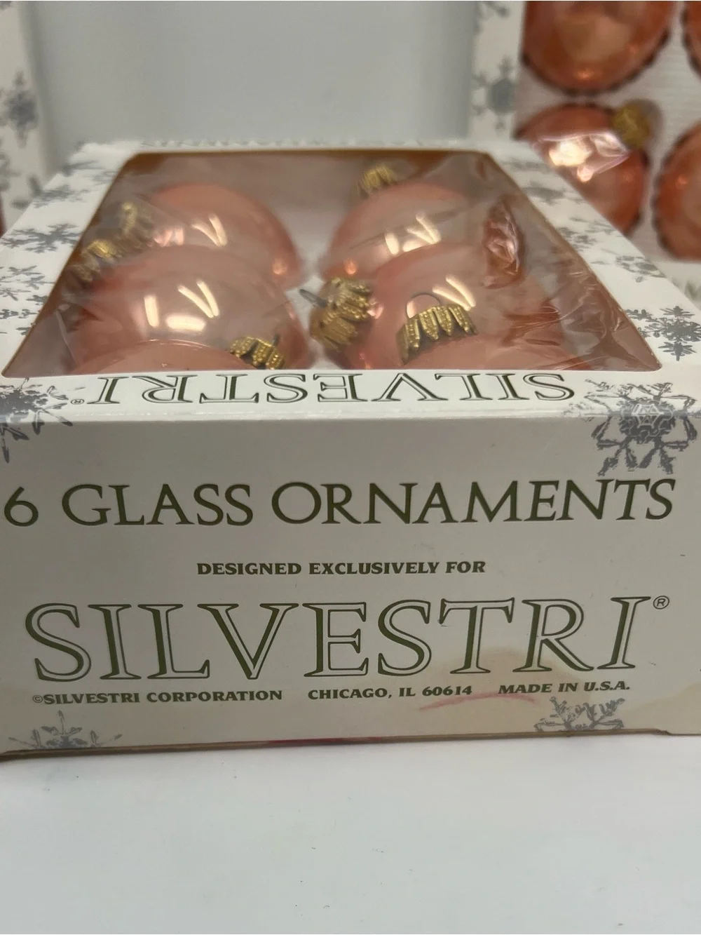 SILVESTRI Rose Gold Peach Glass Ball Christmas Ornaments 3 Boxes 6 Per Box Vtg